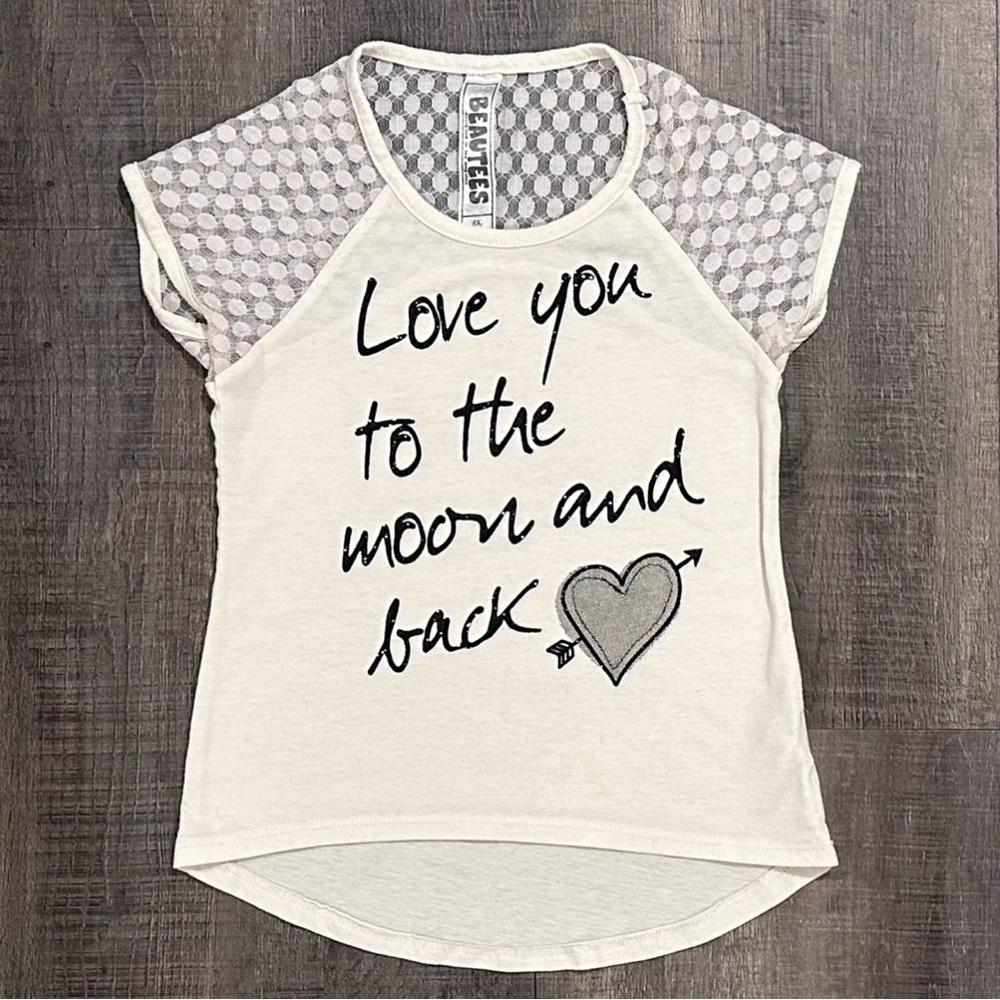💞 Little Girls Size 6x Cream Glittery Lace Top I Love You To The Moon Tee